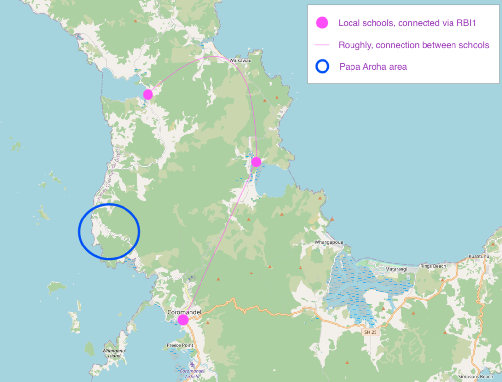 Rough map showing where the nearest schools to Papa Aroha are, and the Papa Aroha settlement